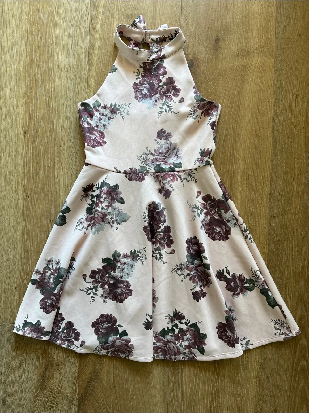 Zunie pale pink Halter Floral Skater Dress with Mauve Blooms